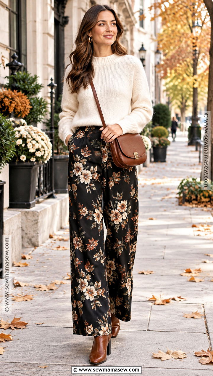 Dark Floral Wide Leg Pants With Cream Sweater - 15 autumn floral pants style