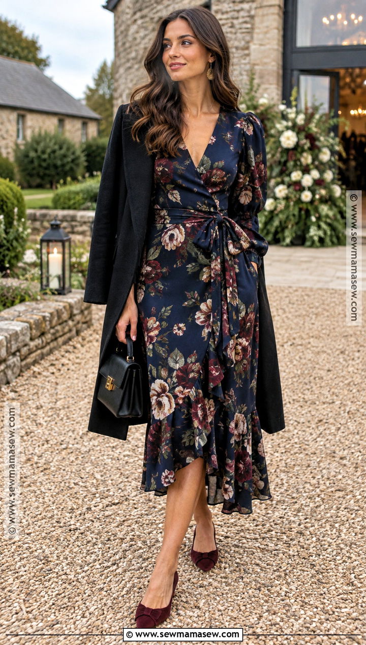 Dark Floral Wrap Fall Wedding Guest Dress - 20 fall wedding guest dress casual ideas