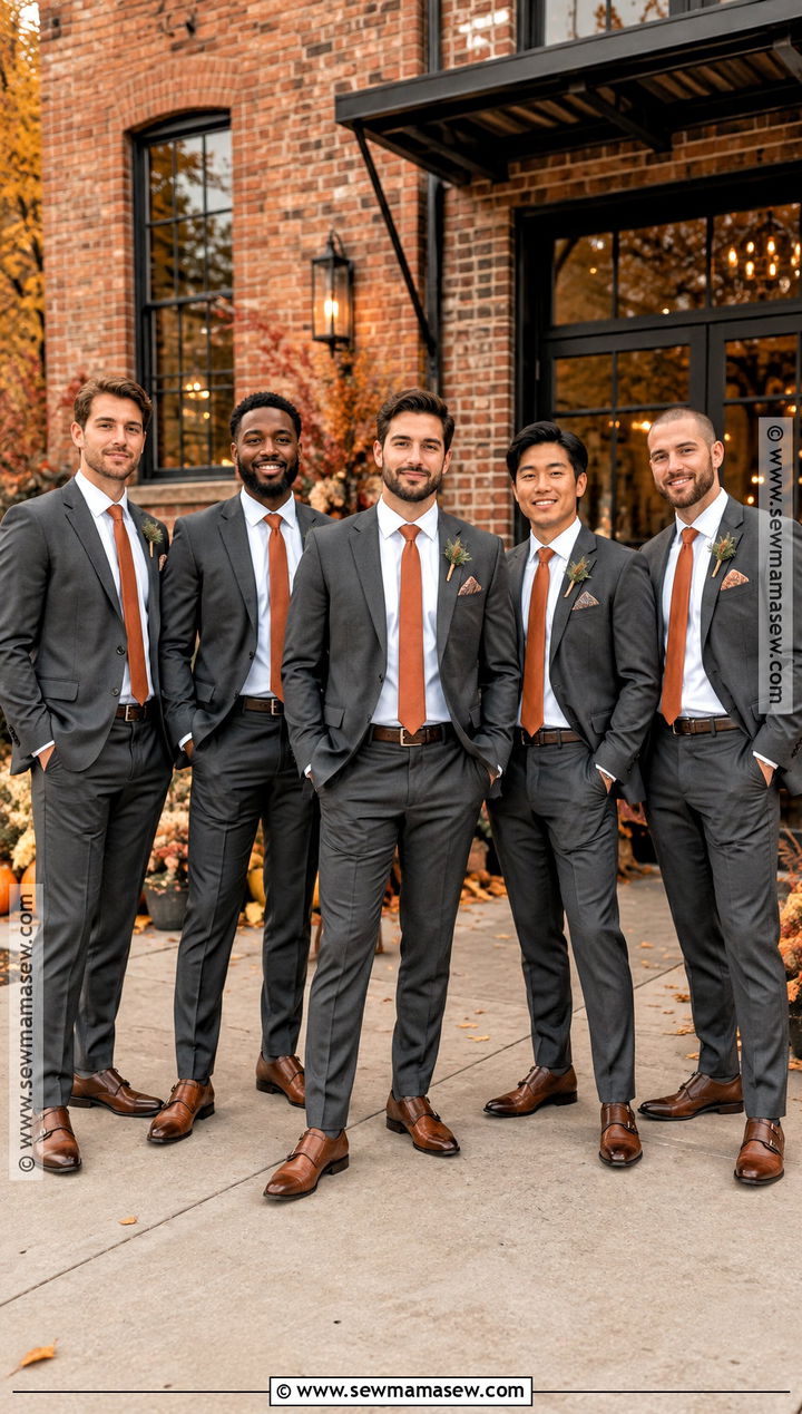 Dark Gray Groomsmen Suit With Burnt Orange Tie - 15 groomsmen attire for fall wedding ideas