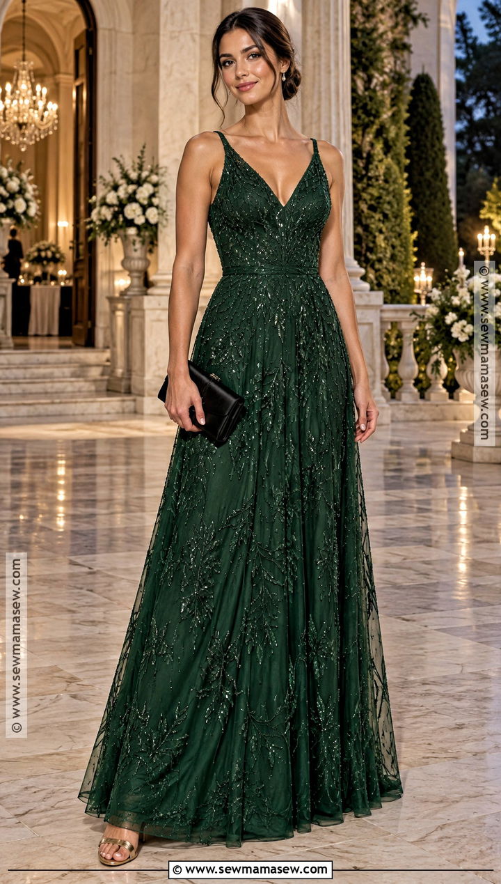 Dark Green Beaded Gown Outfit - 25 fall formal dresses wedding guest