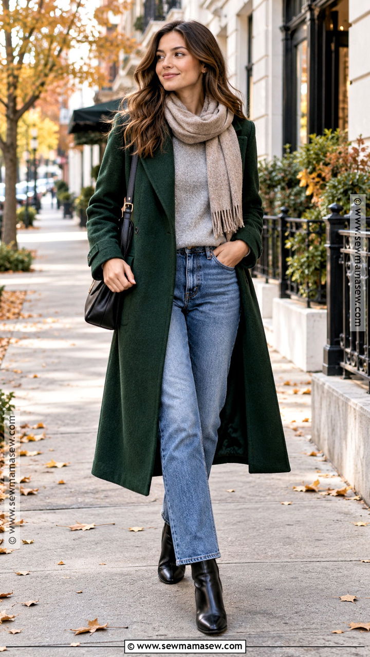 Dark Green Coat With Blue Jeans - 20 autumn green outfit ideas