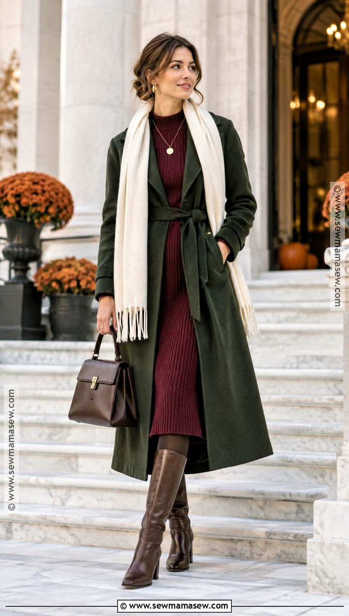 Dark Green Coat and Burgundy Dress Fall Outfit - 25 green fall outfit ideas