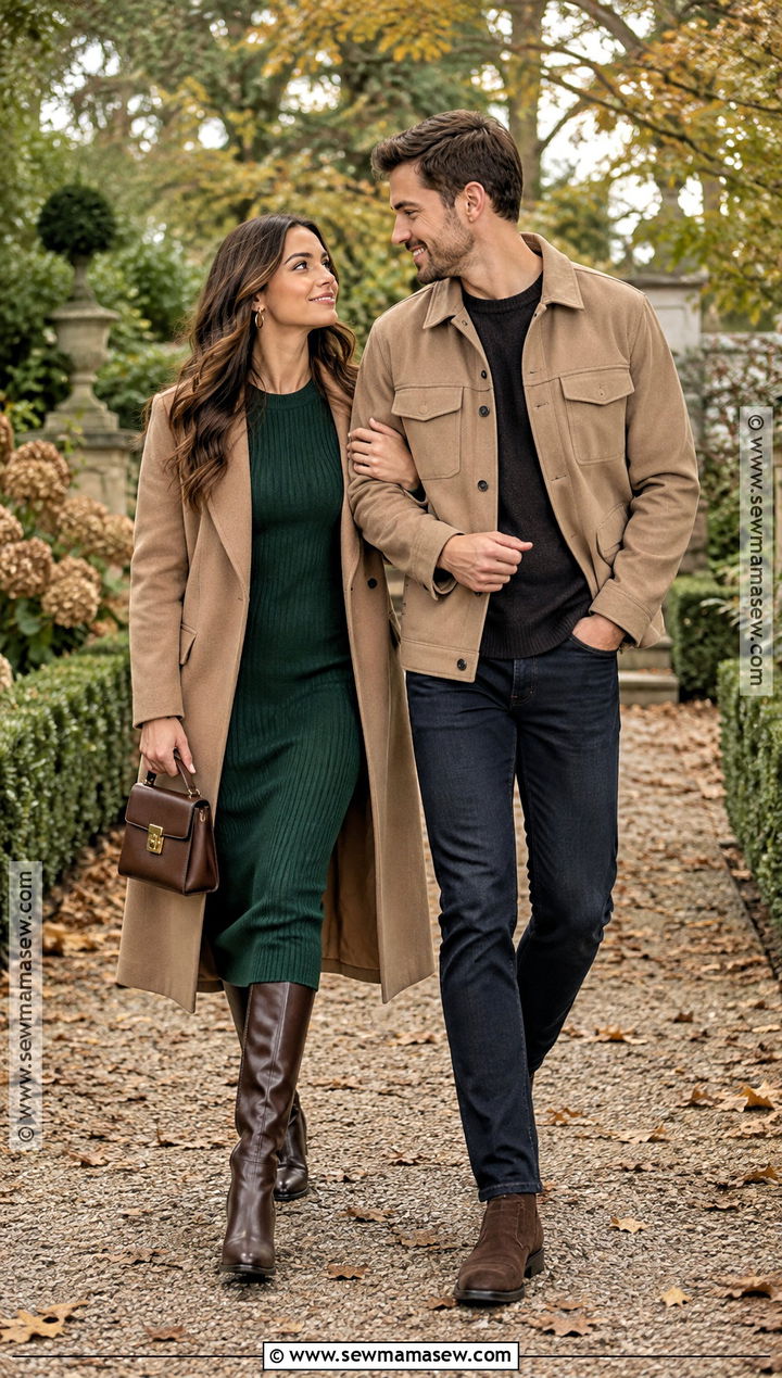Dark Green Dress And Tall Boots Save The Date Outfit - 15 save the date outfit ideas fall