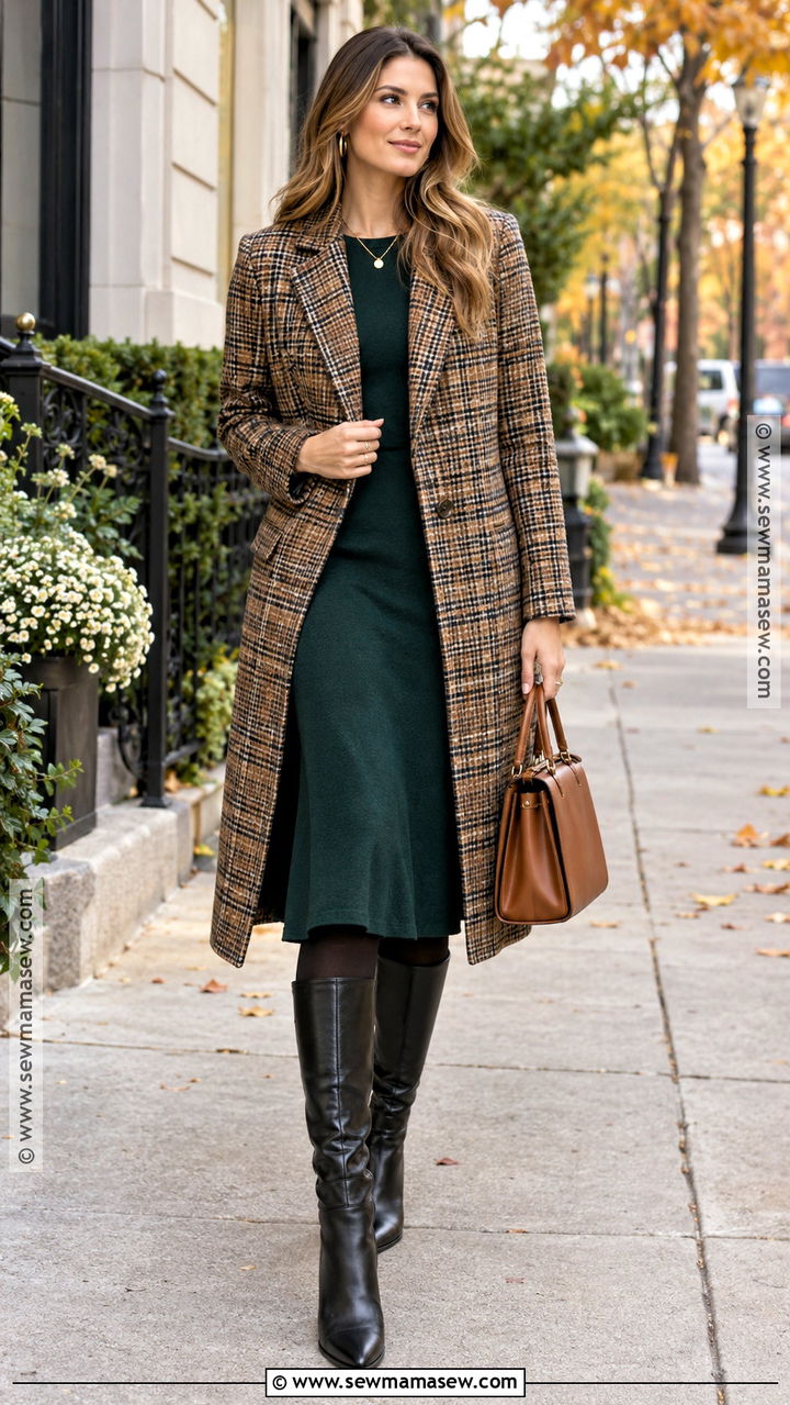 Dark Green Dress With Plaid Coat - 20 Green Dress Fall Outfit Ideas