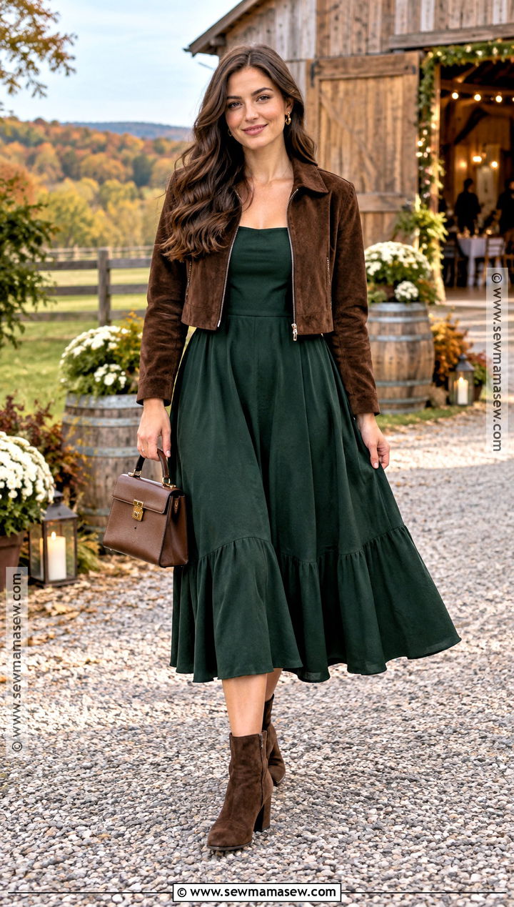 Dark Green Dress With Suede Jacket Outfit - 15 outside fall wedding outfit guest ideas