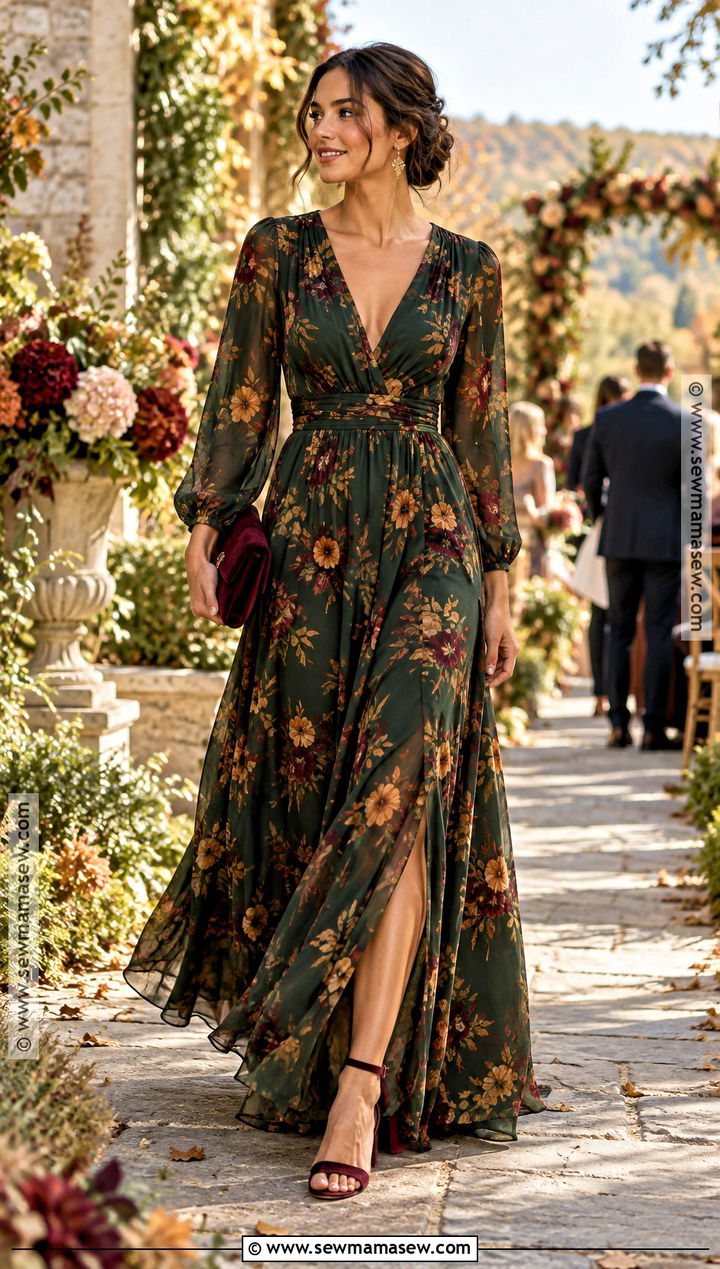 Dark Green Floral Maxi Dress - 15 fall green wedding guest dress ideas
