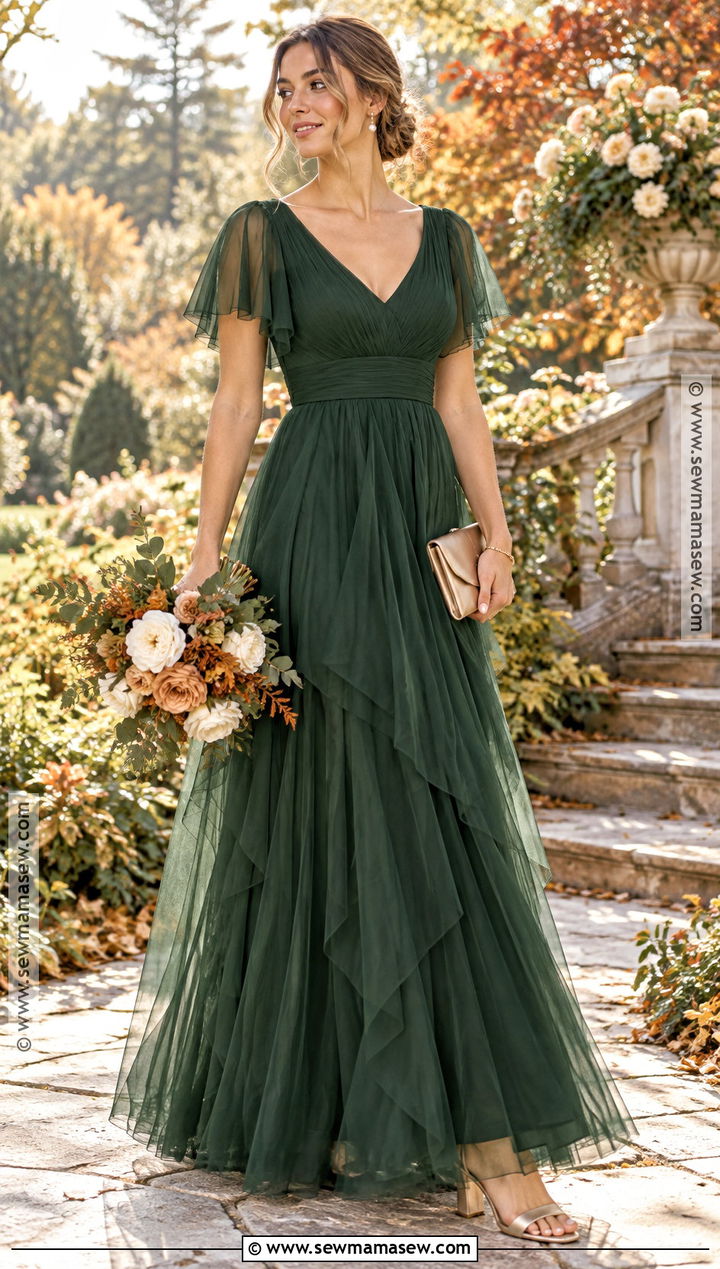 Dark Green Flutter Sleeve Tulle Bridesmaid Dress - 20 dark green bridesmaid dresses fall