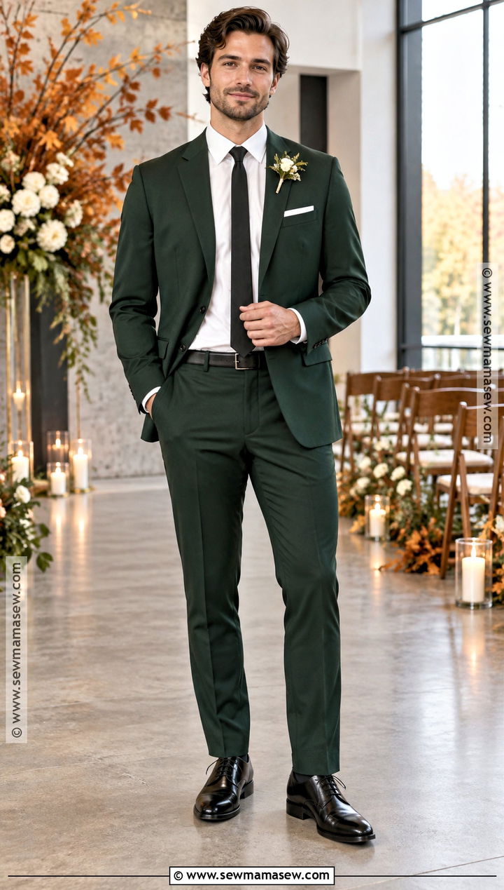Dark Green Groomsmen Suit With Black Tie - 25 fall groomsmen attire ideas