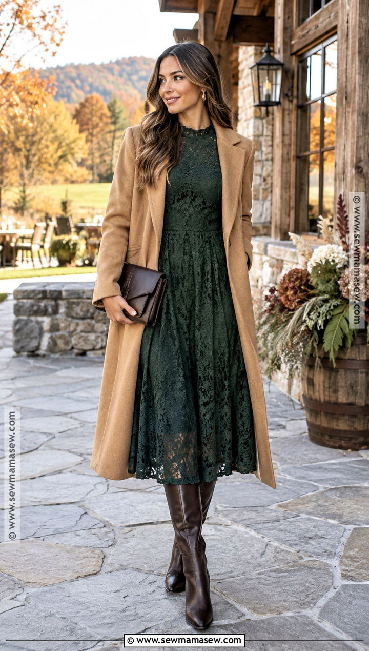 Dark Green Lace Dress With Long Coat - 20 fall country wedding guest outfit ideas