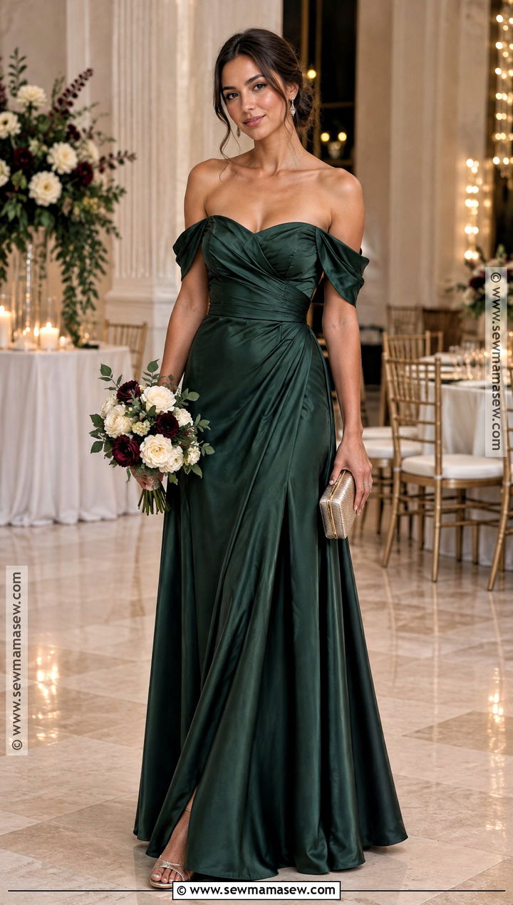 Dark Green Off the Shoulder Bridesmaid Dress - 15 fall wedding bridesmaid dresses green