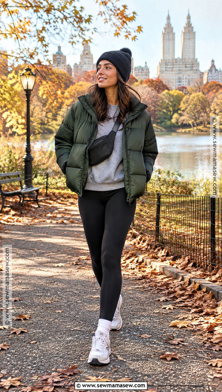 Dark Green Puffer Coat With Leggings - 15 green fall coat ideas