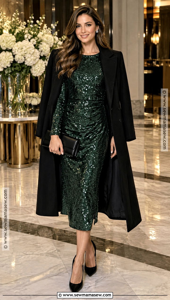 Dark Green Sequin Midi Dress With Minimal Accessories - 15 green wedding guest dress fall ideas