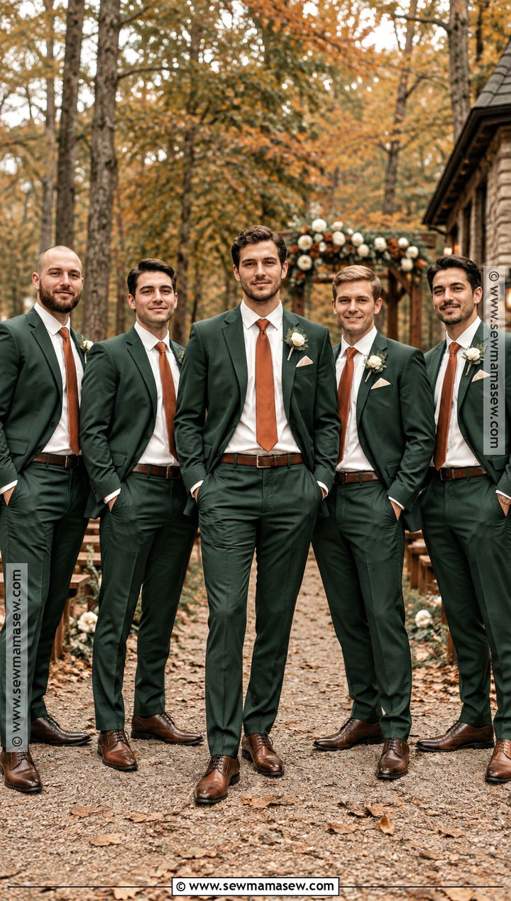 Dark Green Suit With Copper Tie Groomsmen Attire - 15 groomsmen attire fall color combos