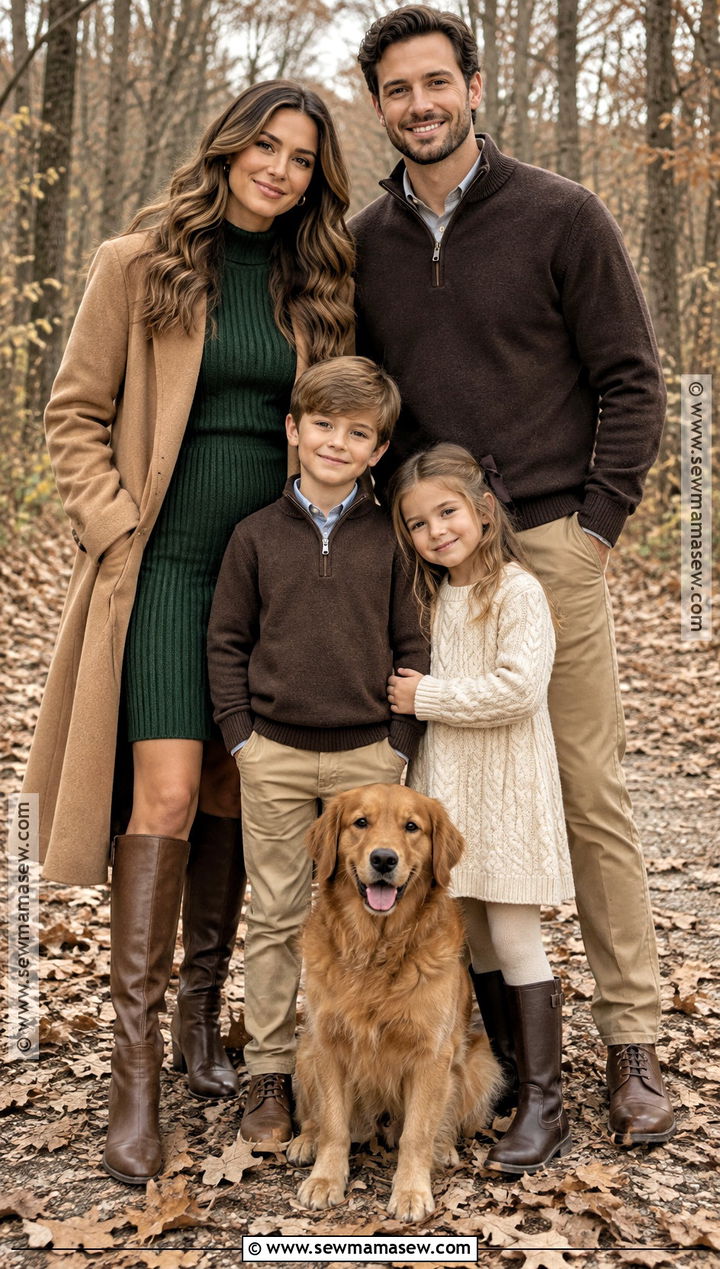 Dark Green Sweater Dress With Brown Family Outfits - 15 Green Dress Fall Family Photos Ideas