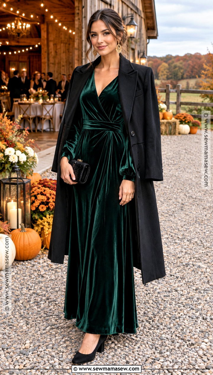 Dark Green Velvet Maxi Dress With Low Heels - 20 Fall Farm Wedding Guest Attire Ideas