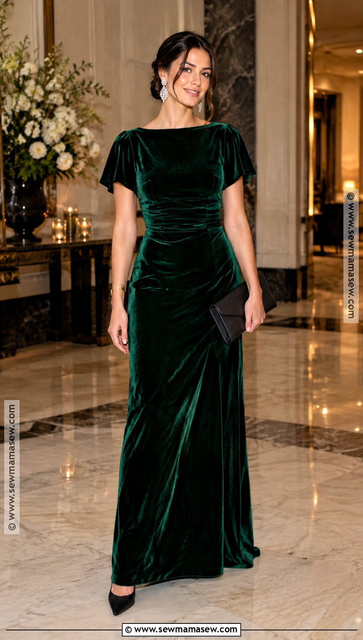 Dark Green Velvet Maxi Dress - 15 Green Fall Wedding Guest Dress Ideas
