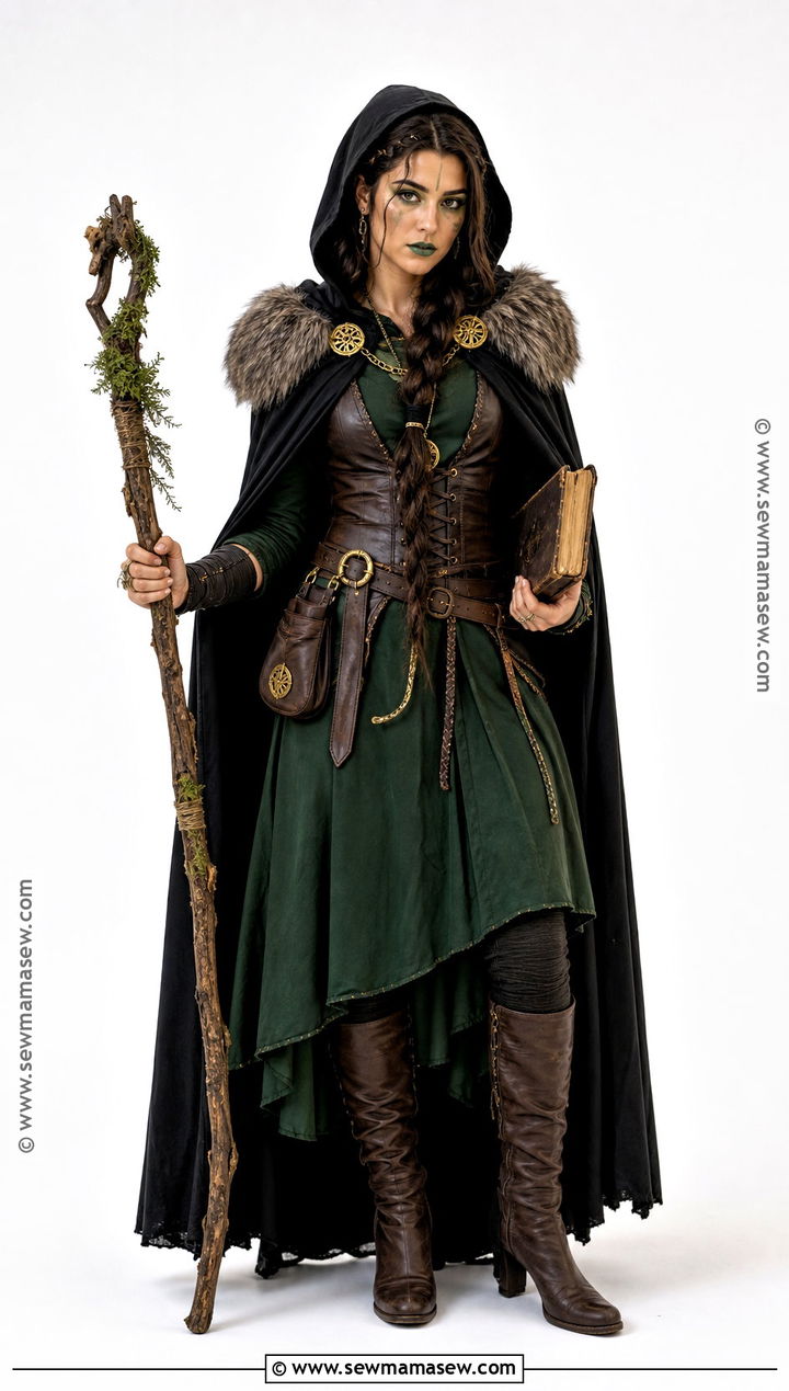 Dark Green Viking Witch Costume With Leather Vest - 30 viking witch costume ideas