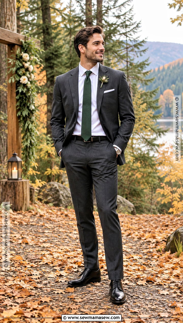 Dark Grey Groom Suit With Forest Green Tie - 15 fall wedding groom attire grey ideas