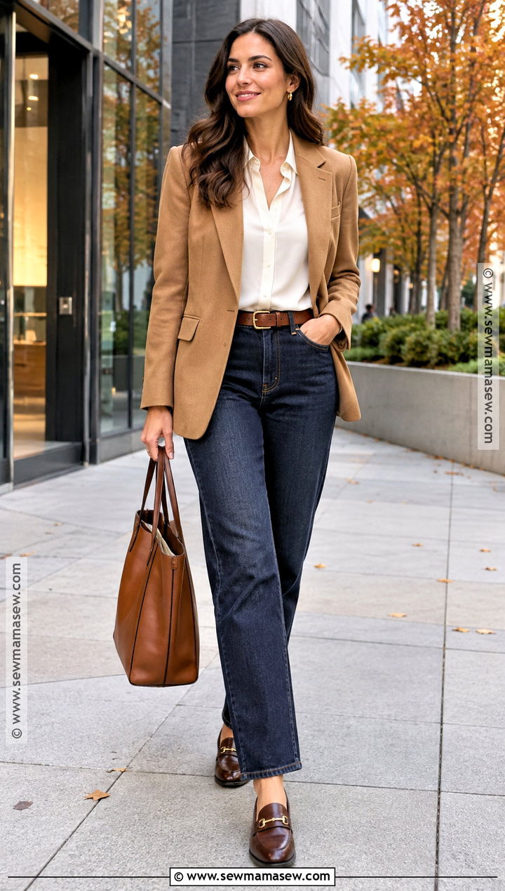 Dark Jeans And Blazer Casual Friday Outfit - 15 fall capsule wardrobe 2026 work ideas