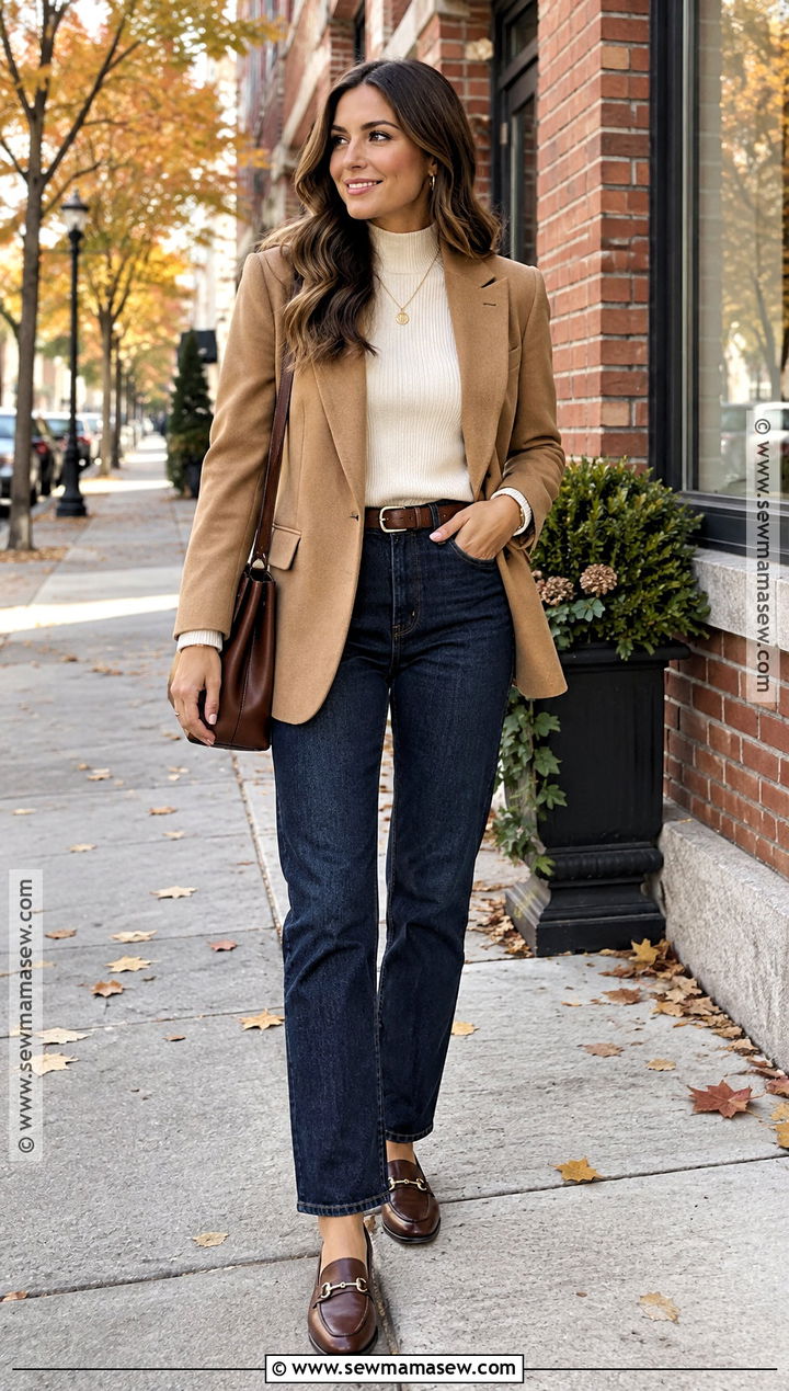 Dark Jeans And Camel Blazer Fall Picture Outfit - 20 fall picture outfits for women