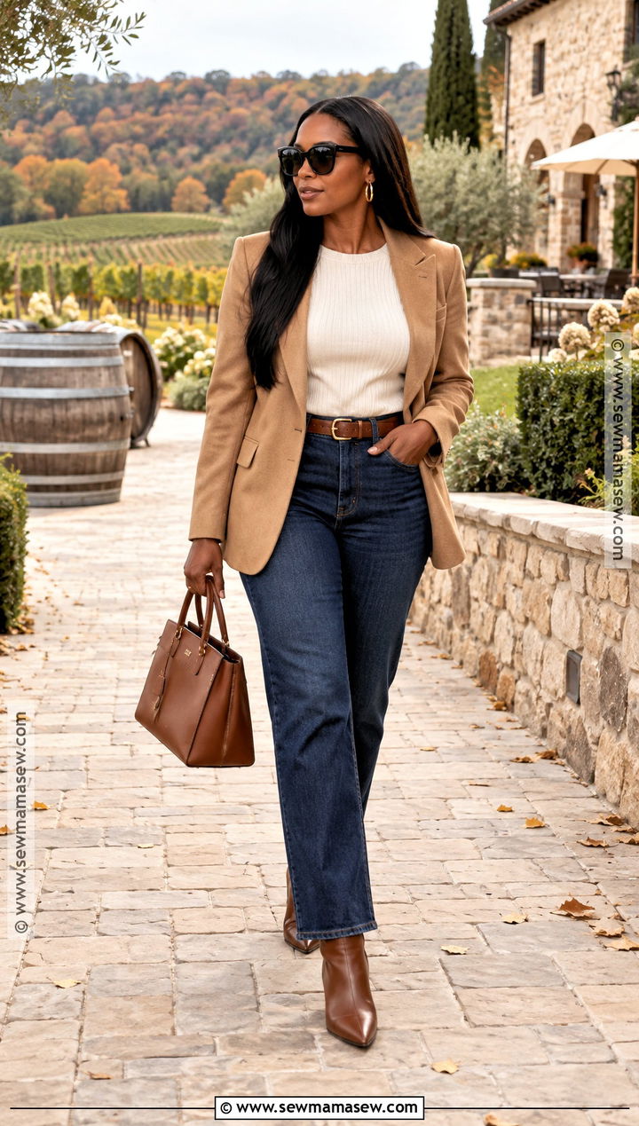 Dark Jeans And Camel Blazer Winery Outfit - 20 winery outfit fall ideas for black women
