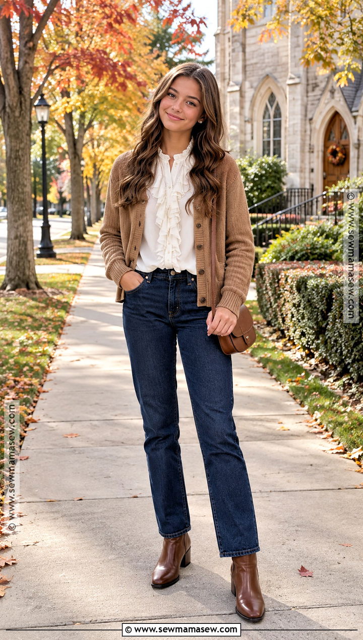 Dark Jeans And Ruffle Blouse Church Outfit - 20 Cute Fall Church Outfits for Teens