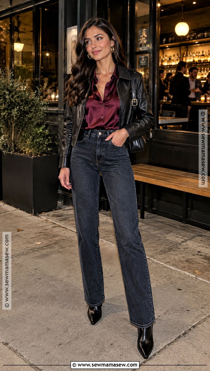 Dark Jeans And Satin Shirt Bar Outfit - 15 bar outfit night fall casual ideas
