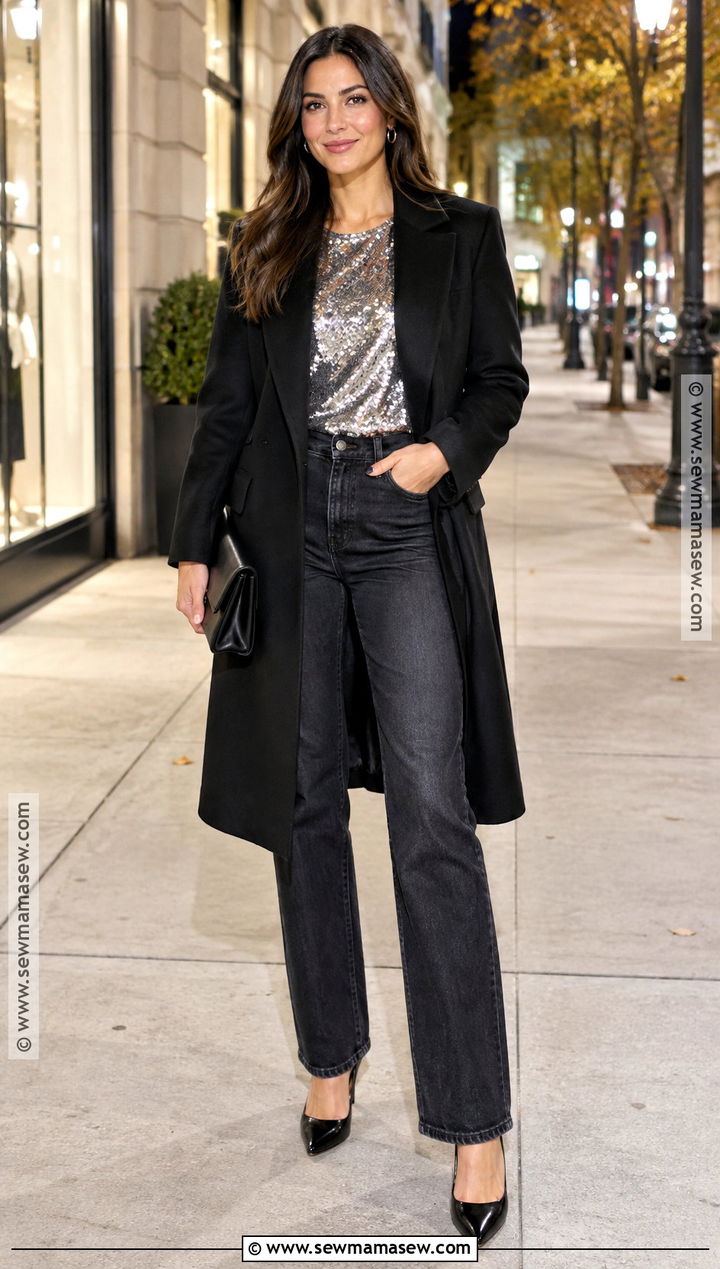 Dark Jeans And Sequin Top Autumn Night Out Outfit - 25 autumn outfits night out