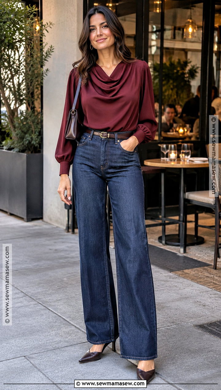 Dark Jeans And Statement Blouse Fall Happy Hour Outfit - 20 fall happy hour outfit ideas