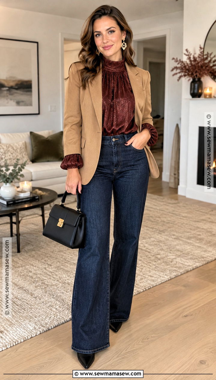 Dark Jeans And Statement Blouse Fall Party Outfit - 15 fall party outfit ideas