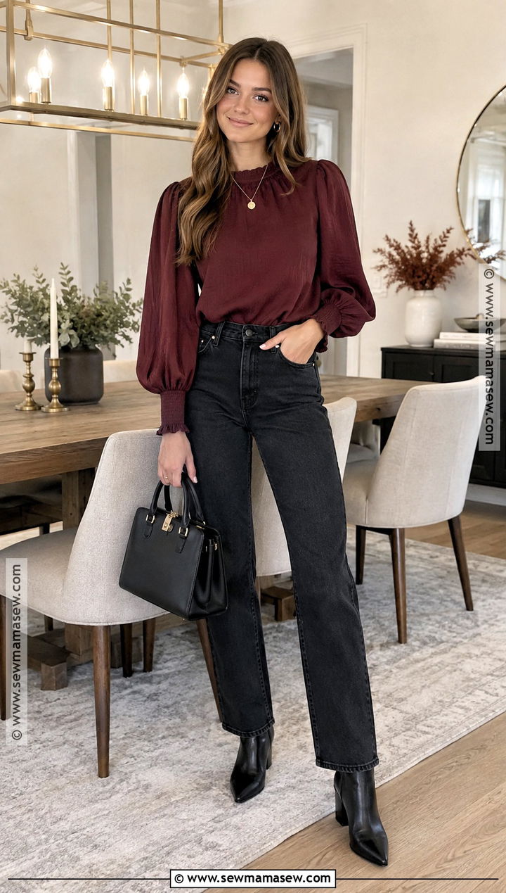 Dark Jeans And Statement Blouse Friendsgiving Outfit - 20 friendsgiving outfit inspo ideas