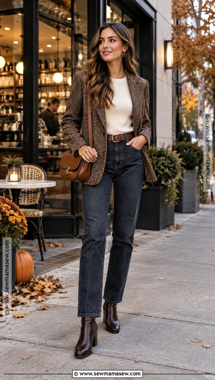 Dark Jeans And Tweed Blazer Autumn Date Night Outfit - 25 autumn date night outfit ideas