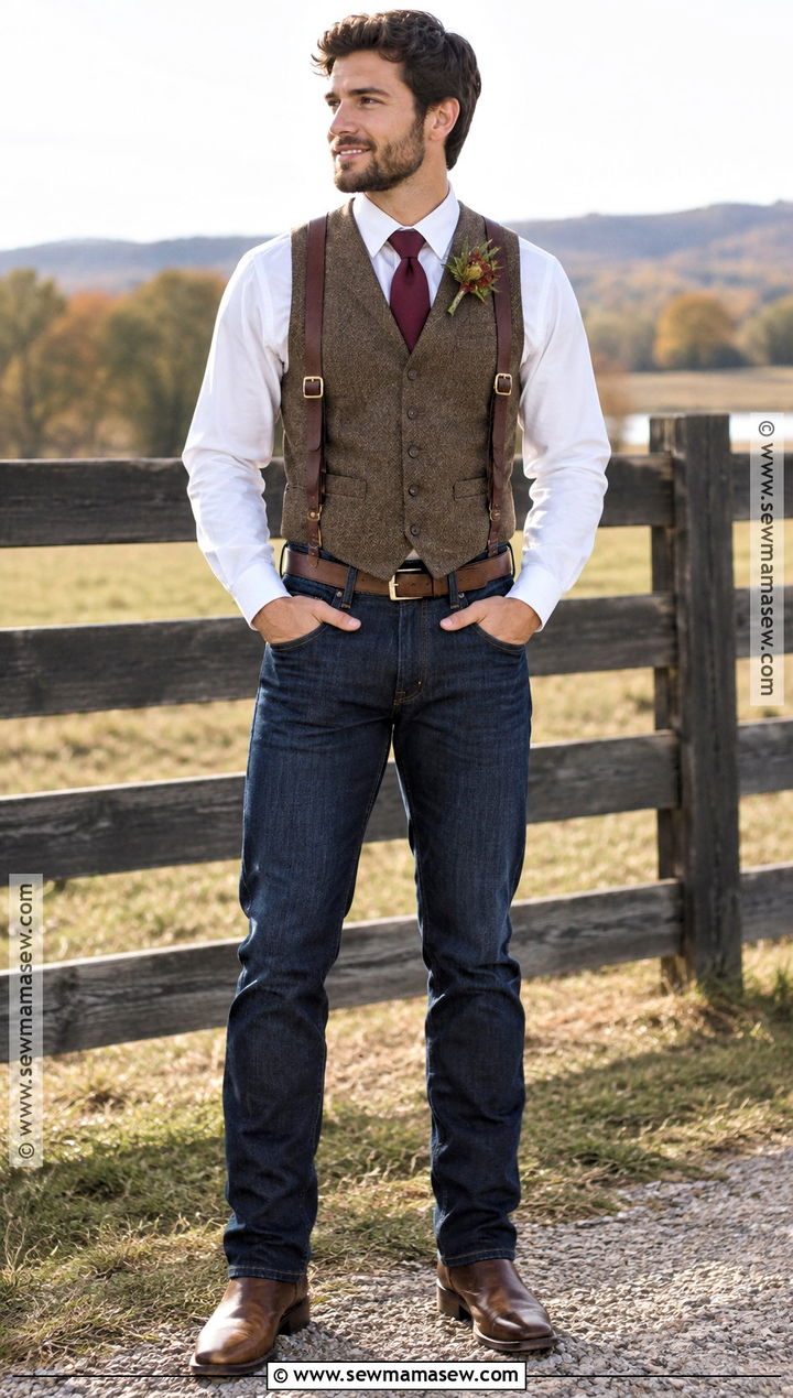 Dark Jeans And Wool Vest Fall Groom Attire - 15 fall groom attire rustic ideas