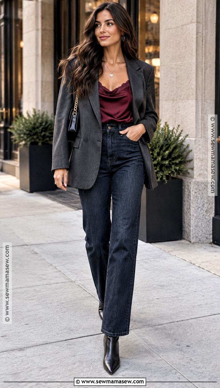 Dark Jeans Satin Camisole And Blazer Fall Date Night Outfit - 25 date night fall outfits