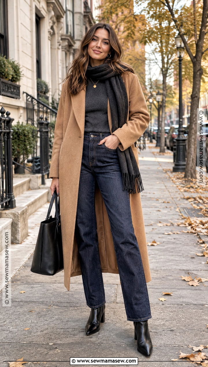 Dark Jeans With A Long Wool Coat - 20 fall jean outfits for women