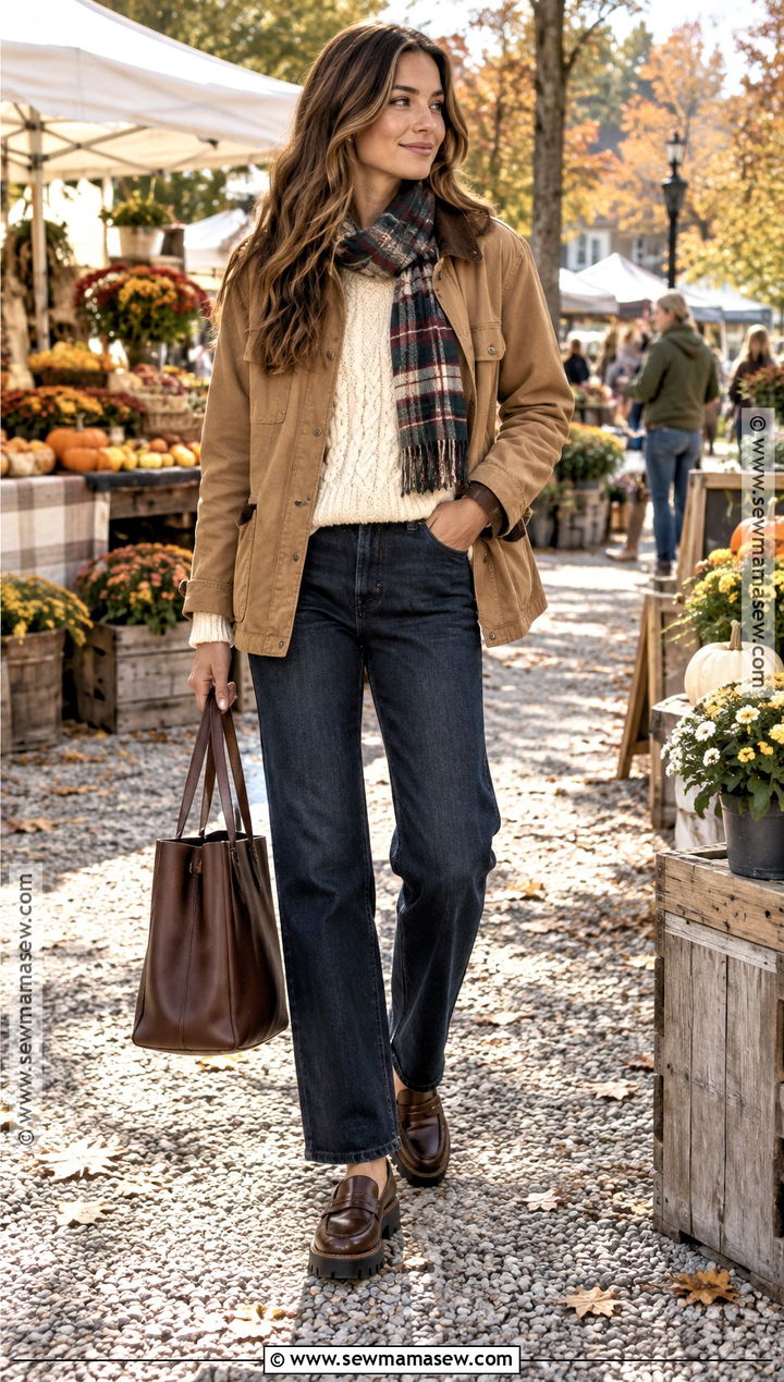 Dark Jeans With Barn Jacket And Cable Sweater - 25 dark jeans outfit fall