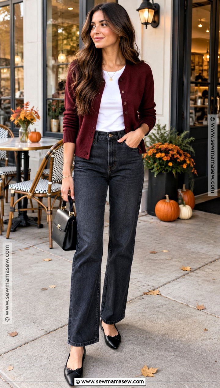 Dark Jeans With Burgundy Cardigan And Ballet Flats - 25 dark jeans outfit fall