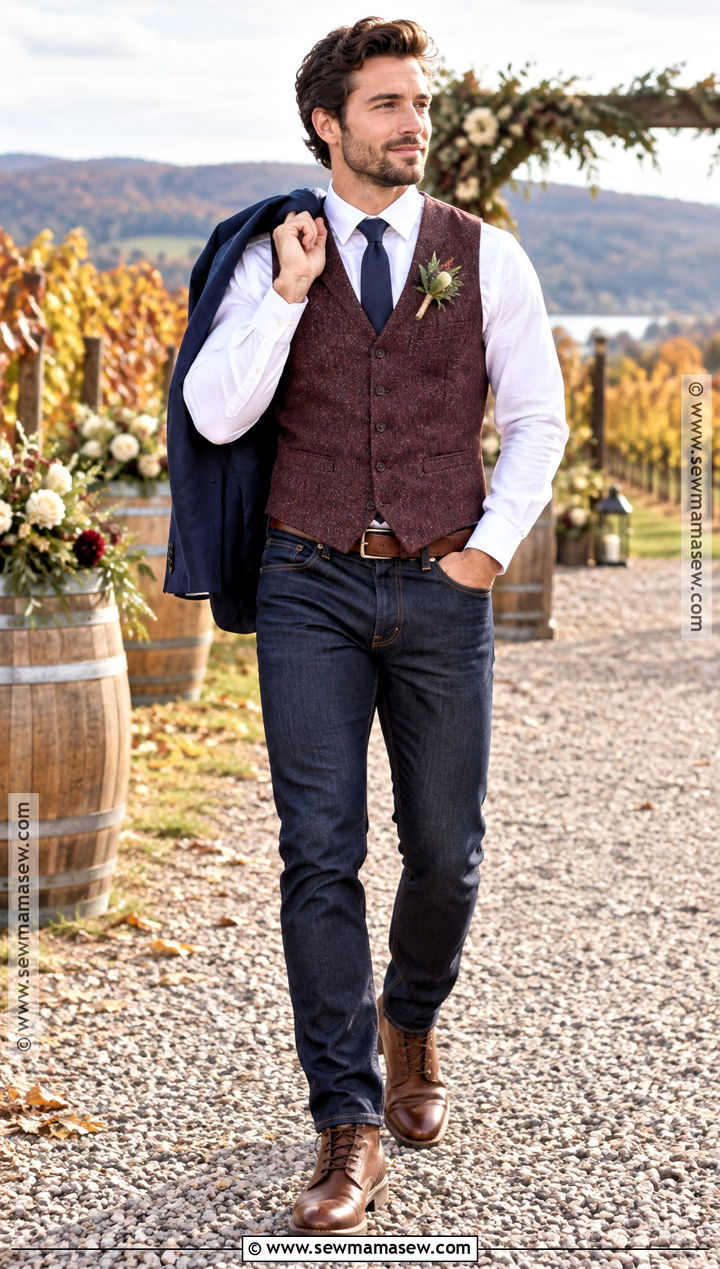 Dark Jeans With Burgundy Vest - 15 fall wedding groom attire jeans