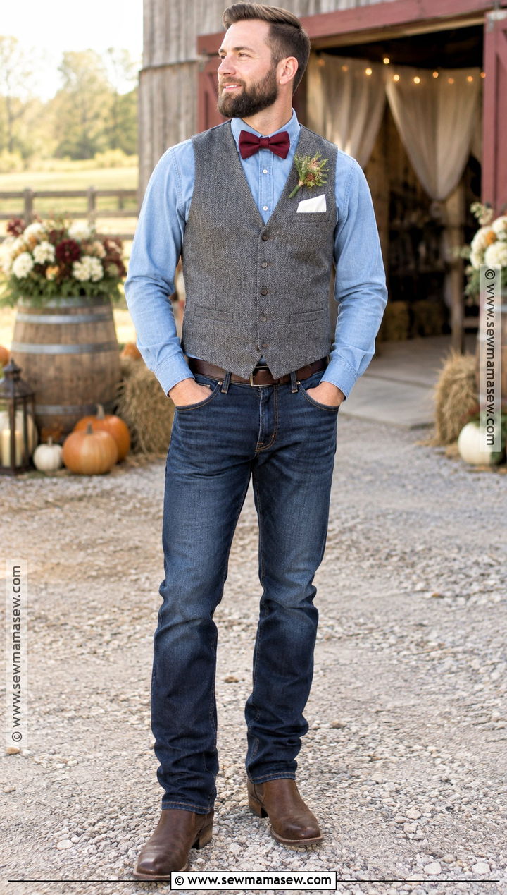 Dark Jeans With Chambray Shirt And Tweed Vest - 15 fall wedding groom attire jeans