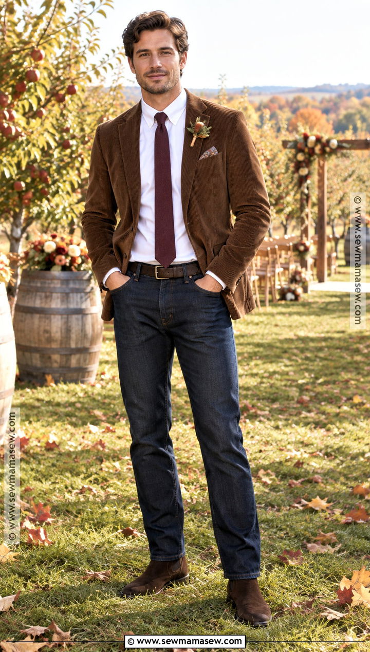 Dark Jeans With Corduroy Blazer - 15 fall wedding groom attire jeans