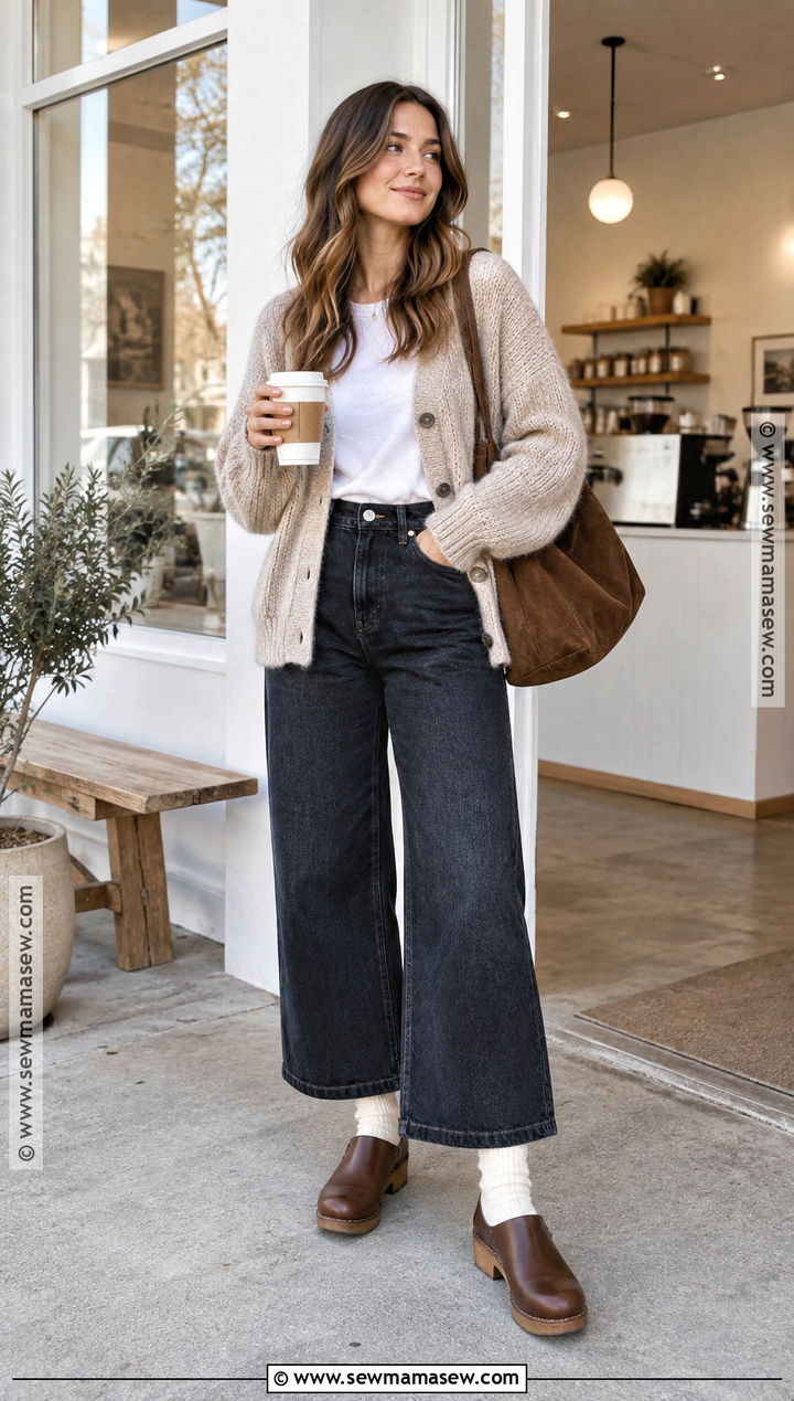 Dark Jeans With Oatmeal Cardigan And Clogs - 25 dark jeans outfit fall