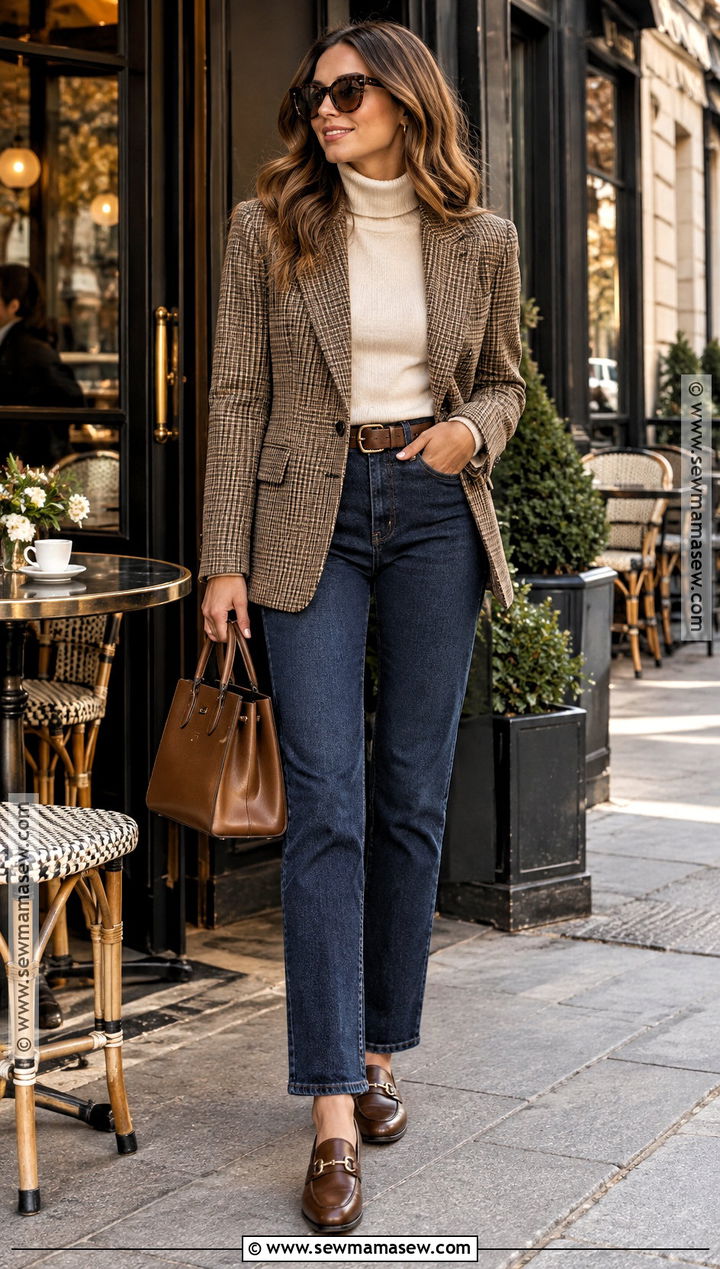 Dark Jeans With Plaid Blazer - 25 fall vacation outfits