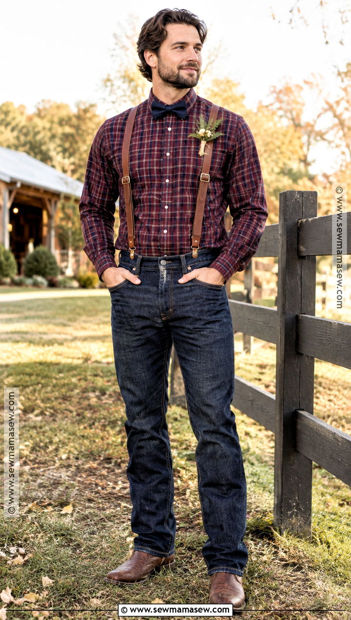 Dark Jeans With Plaid Shirt And Suspenders - 15 fall wedding groom attire jeans