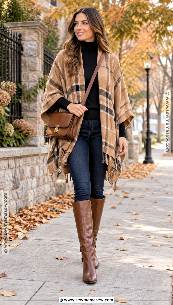 Dark Jeans With Poncho And Riding Boots - 25 jeans outfit autumn