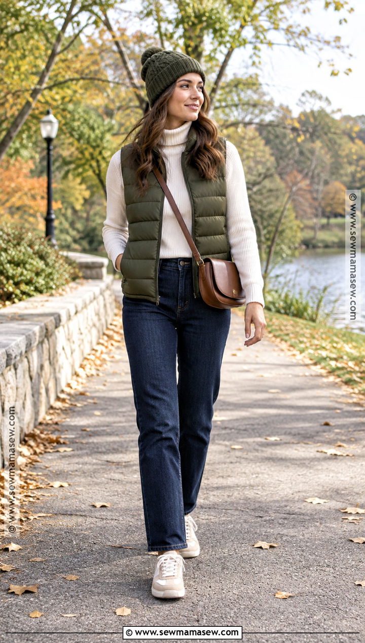 Dark Jeans With Puffer Vest And Turtleneck - 25 dark jeans outfit fall