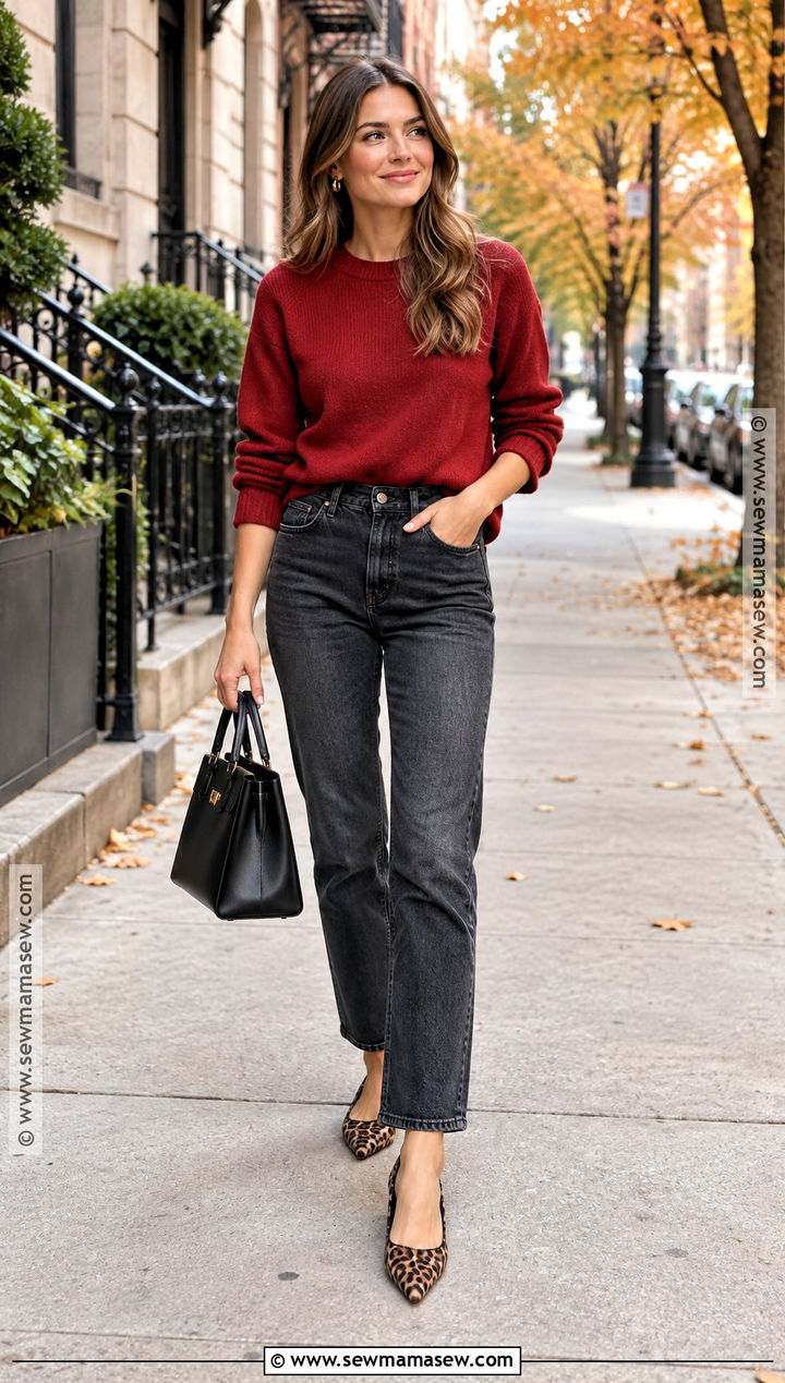 Dark Jeans With Red Sweater And Leopard Flats - 25 dark jeans outfit fall