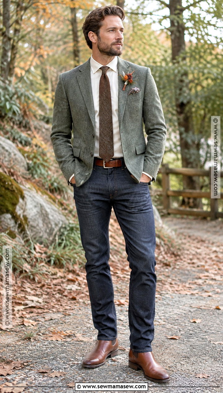 Dark Jeans With Sage Green Blazer - 15 fall wedding groom attire jeans
