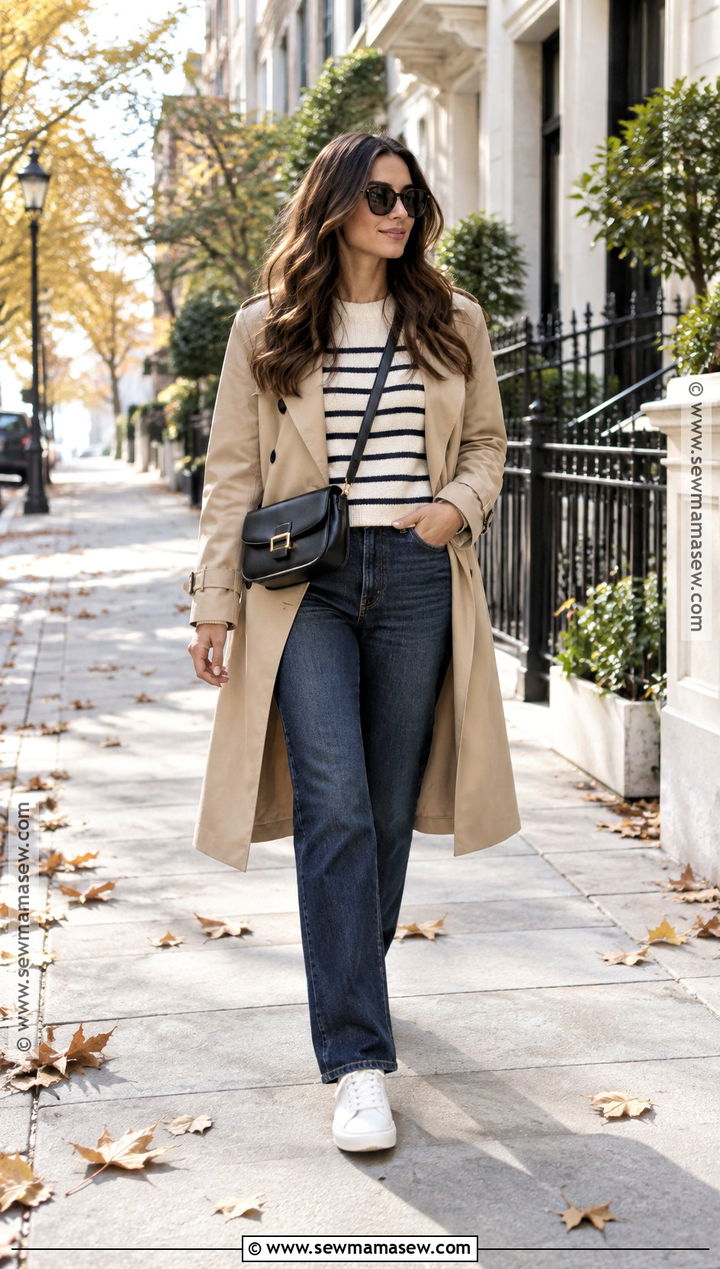 Dark Jeans With Striped Sweater And Trench Coat - 25 dark jeans outfit fall