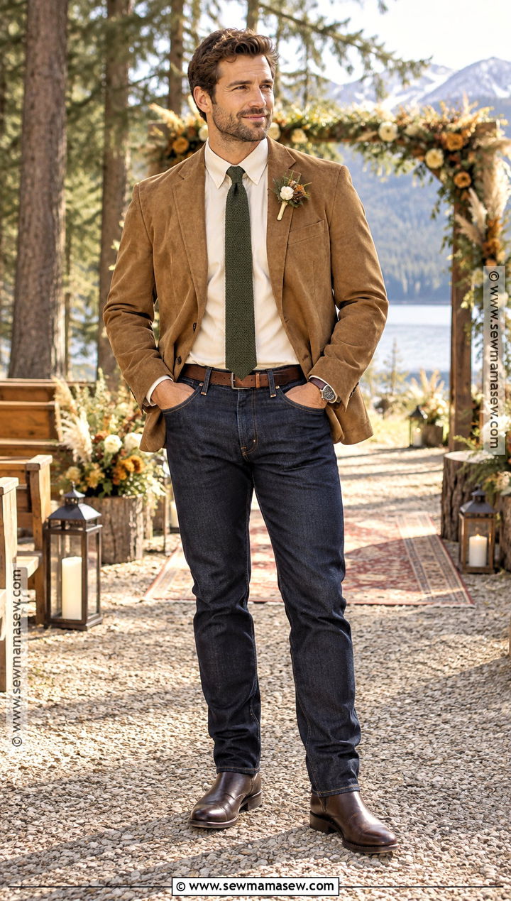 Dark Jeans With Tan Suede Jacket - 15 fall wedding groom attire jeans