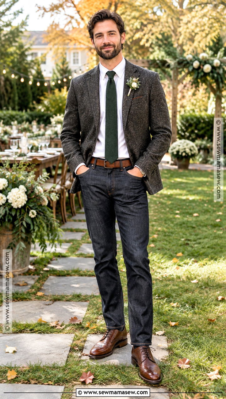Dark Jeans With Tweed Jacket - 15 fall casual groom attire ideas